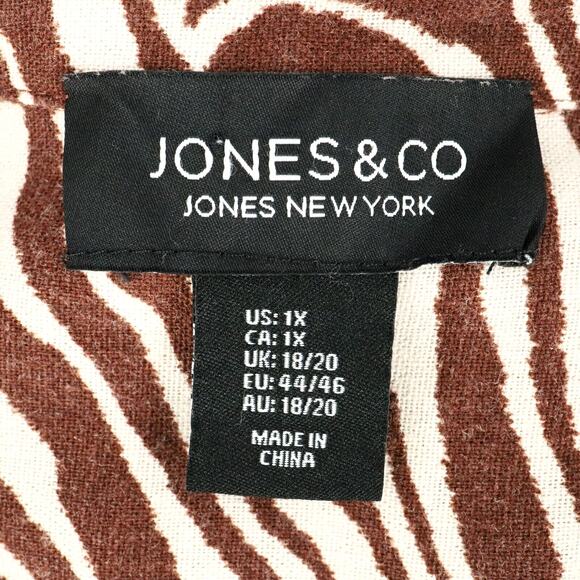 Jones NY Top Plus Size 1X Linen Blend Ivory Brown Animal Print Blouse Henley - Picture 3 of 13